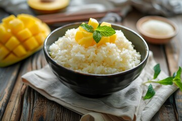 Thai dessert Mango Sticky Rice on wood background