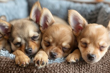 Three adorable chihuahua puppies lying together in a dog bed sleeping peacefully Emotional portrait of domestic breed - obrazy, fototapety, plakaty