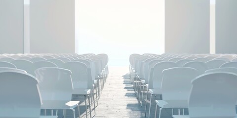 A large empty room with rows of white chairs