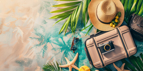 A set of essentials for a summer trip: a hat, sunglasses, a camera and a suitcase surrounded by palm leaves on a turquoise background