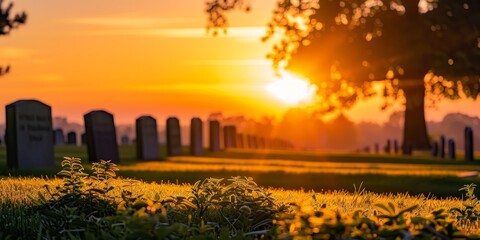A cemetery with a row of headstones and a tree in the background. The sun is setting, casting a warm glow over the scene