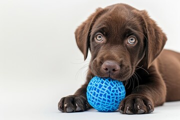 Three month old Chocolate Labrador puppy biting blue toy on white background Image isolated