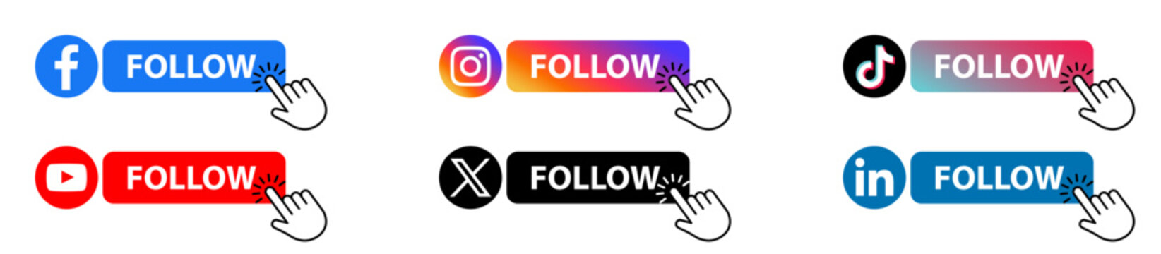 Social Media Icons,Facebook,Instagram,Telegram,Viber,YouTube,TikTok,Twitter with qr code ,follow us on social media with Hand cursor click symbol .QR Code Scanner. Vector Editorial

