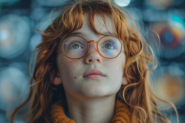 Young girl with freckles looks upward, wearing round glasses in a contemplative mood