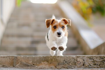 Tiny Jack Russell Terrier goes upstairs
