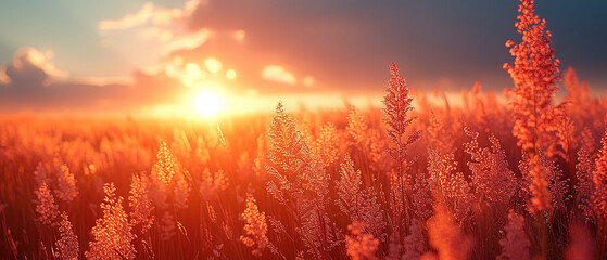 a field of wheat with the sun setting in the background