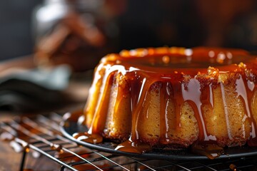 Toffee pudding with caramel drizzle on a rack