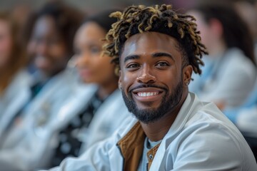 A cheerful young man sports dreadlocks and a bright smile, expressing friendly, approachable confidence - obrazy, fototapety, plakaty