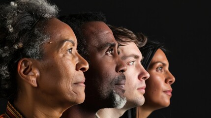 Diverse group of individuals standing against black background, one person looking left and one looking right