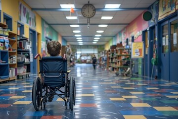 A young boy in a wheelchair navigating the empty halls of his school, facing inclusive education