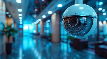 Document the security measures in place at a commercial bank branch featuring surveillance cameras - obrazy, fototapety, plakaty