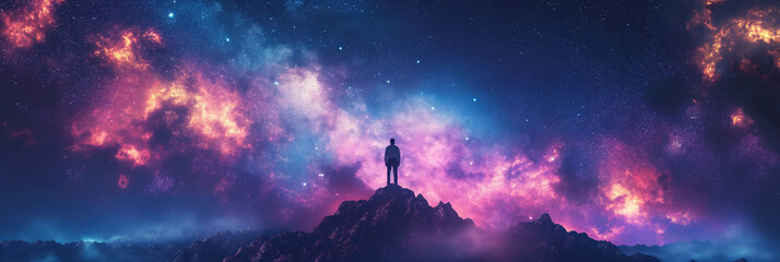 silhouette of man standing on top of mountain on background of a bright fantastic starry night sky with stars. Landscape panorama - obrazy, fototapety, plakaty