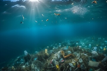 Naklejka na ściany i meble Blue Waters, Hidden Hazards: The Unseen Impact of Plastic Pollution on Ocean Life