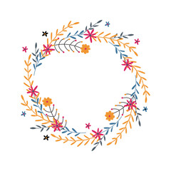 Greeting card card with hand drawn flower wreath on white background. Vector illustration