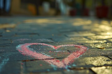 A heart drawn on the ground with chalk, showcasing a simple yet expressive form of art, A nostalgic drawn chalk heart on a school pavement, AI Generated