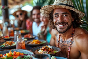 Cheerful man wearing a hat smiling at the camera with a group of friends eating behind him