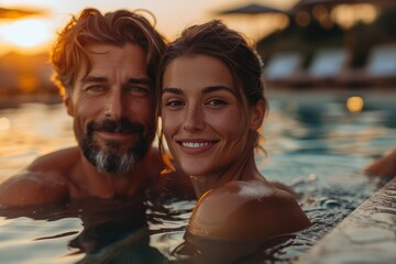 A smiling couple enjoys a pool scene at sunset, their faces partially submerged, gazing at the camera