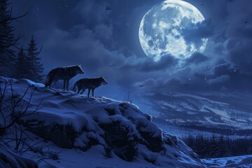 Two wolves, their silhouettes illuminated by moonlight, stand atop a snow-covered hill on a wintry night, A pack of wolfs on a distant, snow covered hill under a moonlit night, AI Generated