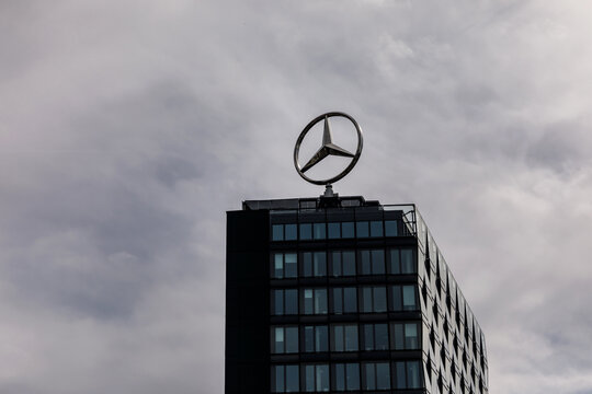 Berlin, Germany - April 1, 2024: Mercedes logo on the office building roof.