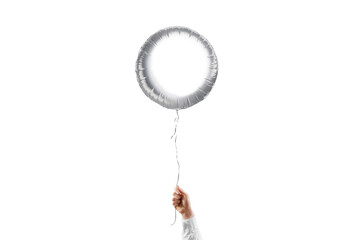 Hand holding blank silver round balloon mockup, isolated © Alexandr Bognat