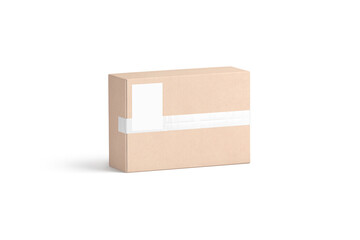 Blank white shipping label on craft box mockup, half-turned view