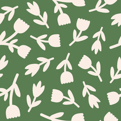 Abstract floral seamless pattern. Organic nature botanical print. White cute elegant flowers on a green background. Vector illustration	