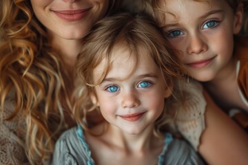 An affectionate close-up photo showing siblings with captivating blue eyes, focusing on family bonds - obrazy, fototapety, plakaty