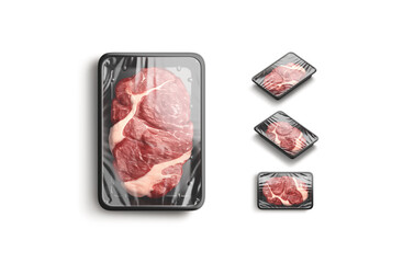 Blank transparent plastic tray with beef mockup, different sides