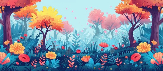 Fototapeta na wymiar An artistic cartoon illustration of a natural landscape with trees, flowers, and grass. The sky is clear, and colorful petals in magenta create a vibrant event