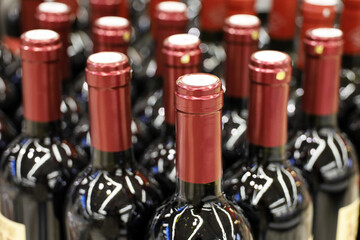 Fototapeta premium Wine bottles in a row, selective focus. Liquor store, red wine production and retail