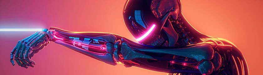 A striking visual representation of a character with a damaged bone arm, the neon xray adding a futuristic and mysterious element to the artwork , stock photographic style