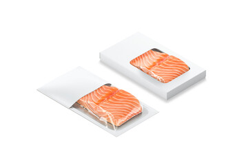 Blank white box and transparent label pack with salmon mockup