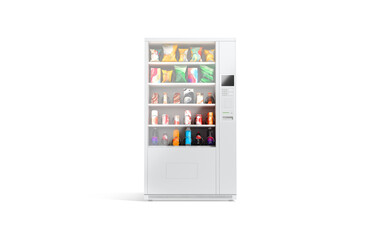 Blank white vending machine with snacks and drinks mockup, isolated