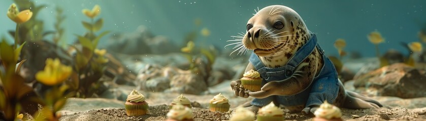 Charming seal farmer in a denim overall, carefully planting cupcake seeds in a sandy underwater field , high detailed - obrazy, fototapety, plakaty