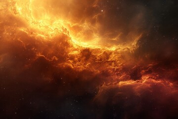 Obraz premium A stunning image capturing an orange and yellow cloud adorned with twinkling stars against a dark backdrop, A panoramic view of cosmic cloud displaying warm and cool tones, AI Generated