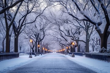 A photo of a street covered in snow, bordered by trees and illuminated by street lights, A park...
