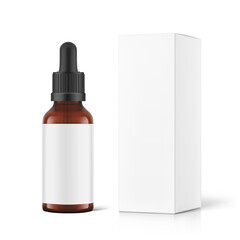 Realistic cardboard packaging box mockup with dropper bottle mockup isolated on white background. Vector illustration. Сan be used for cosmetic, medical and other needs. EPS10.