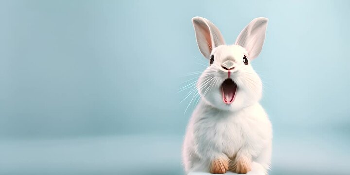 Cute animal pet rabbit or bunny white color smiling and laughing isolated with copy space for easter background 4K Video