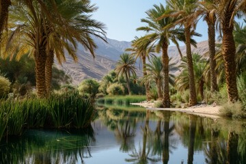 Fototapeta na wymiar A serene body of water in the midst of towering palm trees, creating a tranquil oasis, A peaceful oasis surrounded by date palms, symbolizing serenity and connection, AI Generated