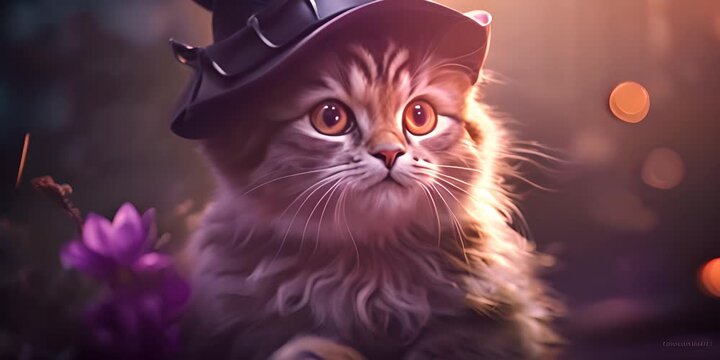Cute cat in a purple hat on a magical background 4K Video