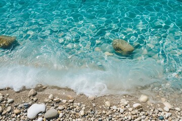 Two rocks resting on the sandy beach, creating a contrast amid the grains of sand, A pebble beach with crystal clear turquoise water, AI Generated