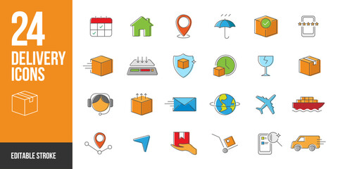 Delivery and shipping icon set in color style. Delivery and shipping simple colorful style symbol sign for apps and website and infographic vector illustration.	