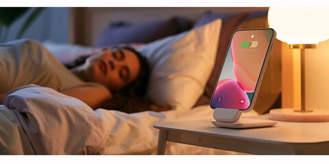 A woman sleeping peacefully in bed while her cell phone charges next to her on the nightstand. Health, rest, radiation and cell phone.