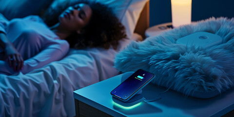 A woman sleeping peacefully in bed while her cell phone charges next to her on the nightstand. Health, rest, radiation and cell phone.