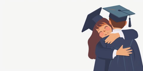A woman and man hug each other, both wearing graduation caps. Concept of warmth and support, as the couple celebrates their academic achievements together