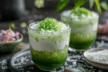 Traditional ice drink made with cendol tapioca flour coconut milk palm sugar and agar topping