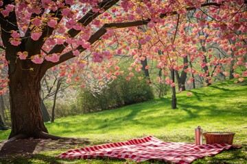 A picnic blanket is laid out under a tree adorned with pink flowers, creating a serene outdoor setting, A picnic blanket under a cherry blossom tree in spring, AI Generated - Powered by Adobe