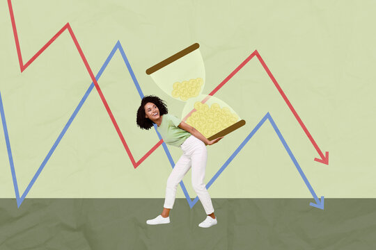 Creative collage picture young woman carry sandwatch dynamic stats arrow reach goal decrease progress drawing background time flow