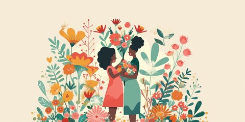 Two women holding flowers in a garden. The flowers are in various colors and sizes. Concept of warmth and happiness, as the women are surrounded by nature and sharing a moment of joy