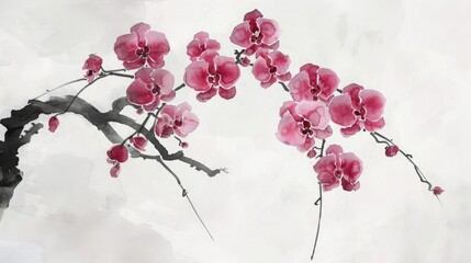 Fototapeta na wymiar branch of a cherry tree in bloom watercolor paint on white background 